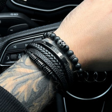 Браслет мужской кожаный METAL COLOR: BORN черный 17-19 см (длина 21 см) (2598120515)