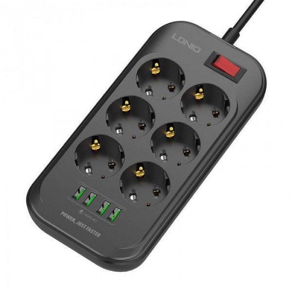Сетевой фильтр удлинитель 6 розеток с 4 USB 2м с защитой и заземлением LDNIO SE 6403 2500W 10A Черный (41880)