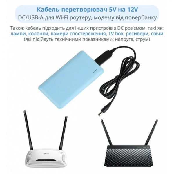 Кабель для роутера от повербанка с преобразователем на 12V, DC 2.1x5.5mm, USB 5V-->12V, 1м (78790)
