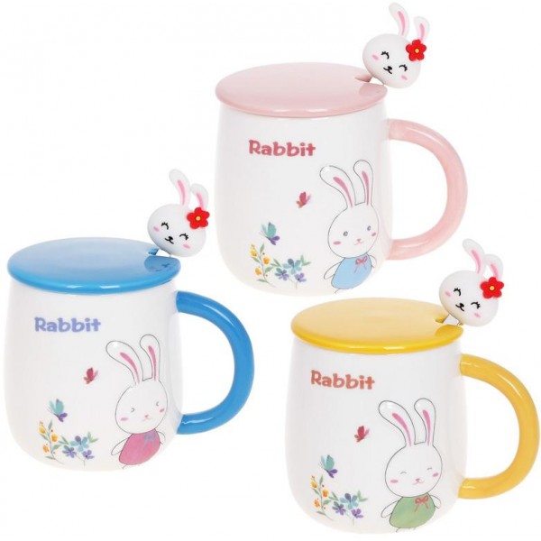 Кружка порцелянова "Rabbit" 430мл з кришкою і ложкою, 3 дизайни (110241)