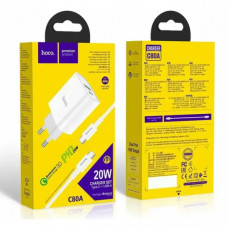 Адаптер сетевой HOCO C80A Type-C to Type-C cable rapido charger set C80A, 1USB/1Type-C, QC/PD, 20W, 3A Белый (38841)
