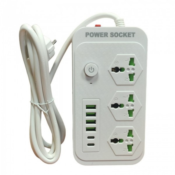 Сетевой удлинитель фильтр Power Socket J07 на 3 розетки + 4 USB 3.4A и 2 Type-C Белый (78791)