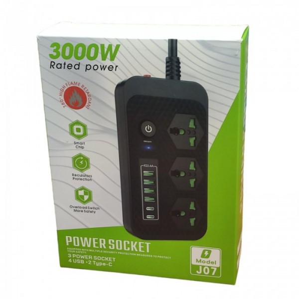 Сетевой удлинитель фильтр Power Socket J07 на 3 розетки + 4 USB 3.4A и 2 Type-C Белый (78791)