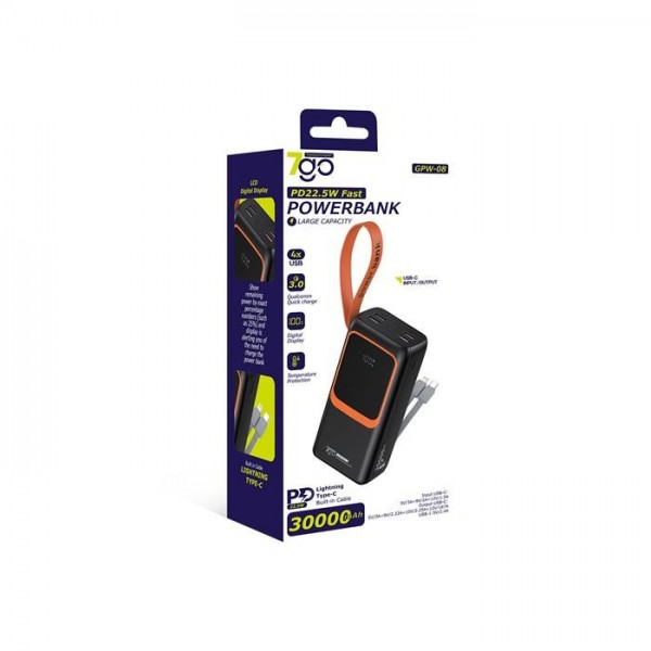 Внешний аккумулятор Power bank 7GO GPW-08 30000mAh PD22,2W+QC3.0 батарея быстрая зарядка Чёрный (130752)