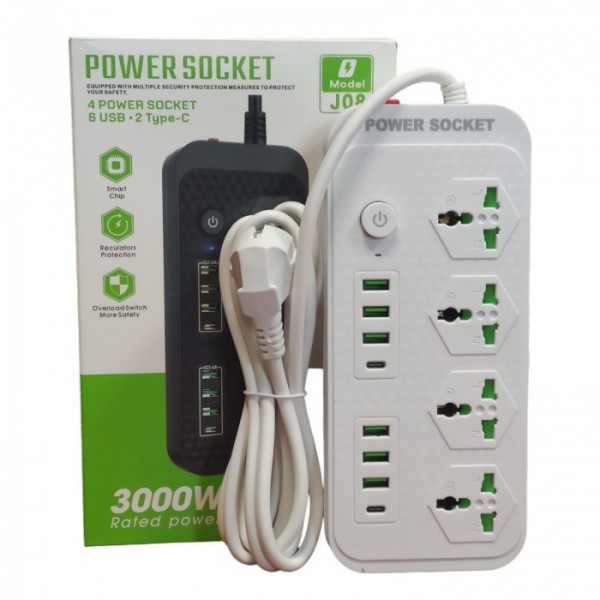 Сетевой удлинитель фильтр Power Socket J08 на 4 розетки + 6 USB 3.4A и 2 Type-C Белый (78792)