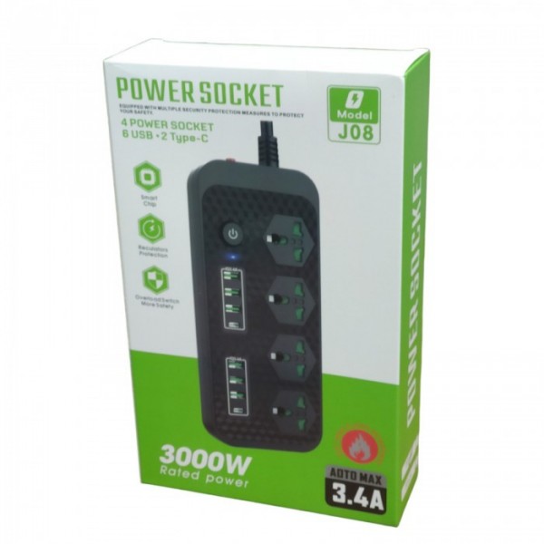 Сетевой удлинитель фильтр Power Socket J08 на 4 розетки + 6 USB 3.4A и 2 Type-C Белый (78792) Сетевой удлинитель фильтр Power Socket J08 на 4 розетки + 6 USB 3.4A и 2 Type-C Белый (78792)