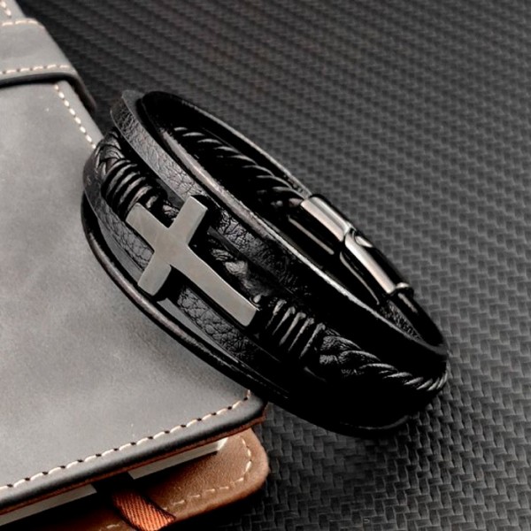 Браслет мужской кожаный CHRISTOPHER черный 17-19 см (длина 21 см) (2094241622)