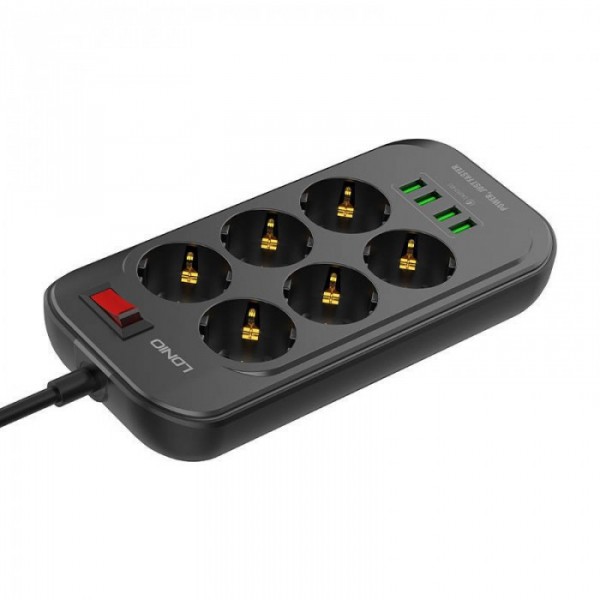 Сетевой фильтр удлинитель 6 розеток с 4 USB 2м с защитой и заземлением LDNIO SE 6403 2500W 10A Черный (51043) Сетевой фильтр удлинитель 6 розеток с 4 USB 2м с защитой и заземлением LDNIO SE 6403 2500W 10A Черный (51043)