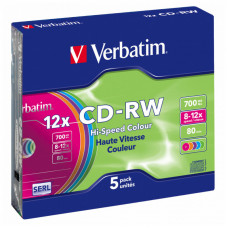 Диск CD Verbatim CD-RW 700Mb 12X SlimBox 5шт Color (43167)