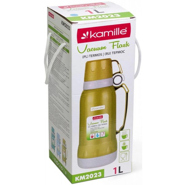 Термос Kamille Glass Nigella 1000мл дзеркальна колба і 2 чашки (127293)