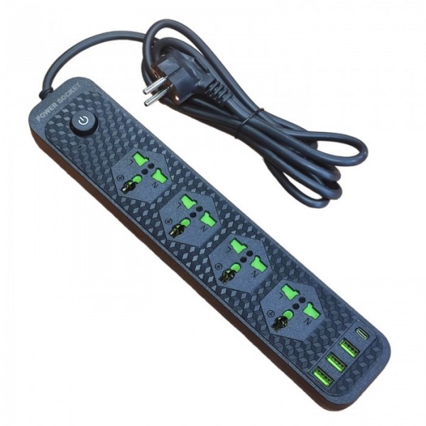 Сетевой удлинитель фильтр Power Socket J02 на 4 розетки + 3 USB 3.4A и 1 Type-C Черный (78793)