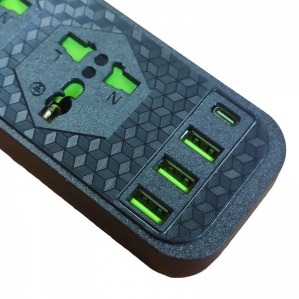 Сетевой удлинитель фильтр Power Socket J02 на 4 розетки + 3 USB 3.4A и 1 Type-C Черный (78793)