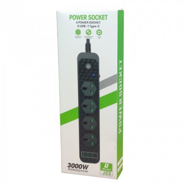 Сетевой удлинитель фильтр Power Socket J02 на 4 розетки + 3 USB 3.4A и 1 Type-C Черный (78793)
