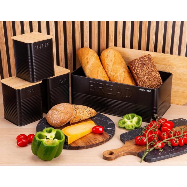 Хлібниця Kamille Black&Wood 36х22х20см з дерев'яною кришкою + 3 ємності для зберігання, чорна (109624) Хлібниця Kamille Black&Wood 36х22х20см з дерев'яною кришкою + 3 ємності для зберігання, чорна (109624)