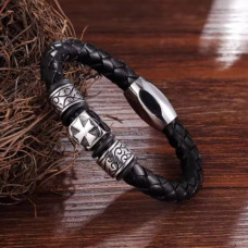 Браслет мужской кожаный OLD TEMPLAR черный плетеный с Крестом 17-19 см (2505901662)