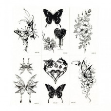 Набор временных тату «Бабочки и цветы №2» black-tattoo-mini-set-f02 из 6 черных по 9,5 х 5,5 см