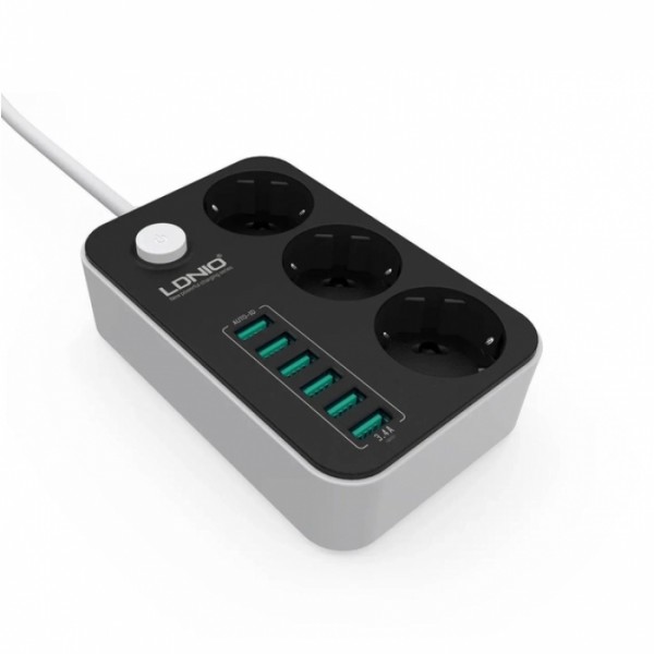 Сетевой фильтр удлинитель 3 розетки с 6 USB 2м с защитой с заземлением LDNIO SE3631 2500W 10A (51364) Сетевой фильтр удлинитель 3 розетки с 6 USB 2м с защитой с заземлением LDNIO SE3631 2500W 10A (51364)