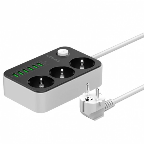 Сетевой фильтр удлинитель 3 розетки с 6 USB 2м с защитой с заземлением LDNIO SE3631 2500W 10A (51364) Сетевой фильтр удлинитель 3 розетки с 6 USB 2м с защитой с заземлением LDNIO SE3631 2500W 10A (51364)