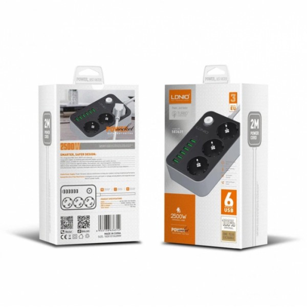 Сетевой фильтр удлинитель 3 розетки с 6 USB 2м с защитой с заземлением LDNIO SE3631 2500W 10A (51364) Сетевой фильтр удлинитель 3 розетки с 6 USB 2м с защитой с заземлением LDNIO SE3631 2500W 10A (51364)