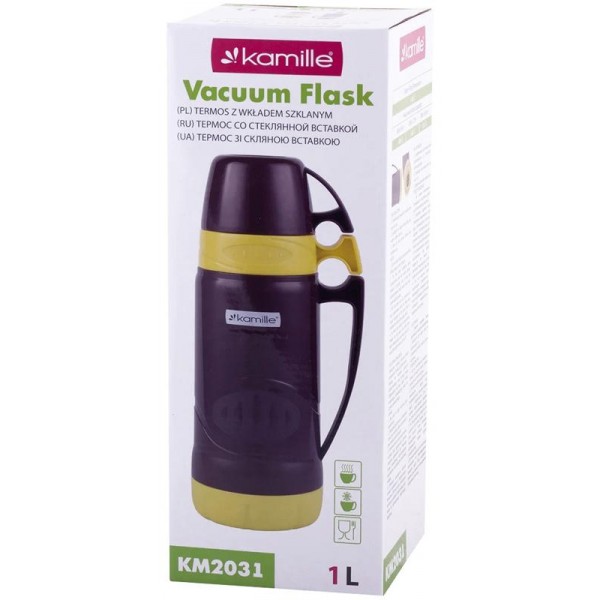 Термос Kamille Glass Violet 1000мл дзеркальна колба і 2 чашки (114174)