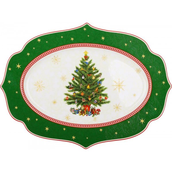 Блюдо порцелянове "Christmas Story" 35х25см, овальне, зелений з білим (122574)