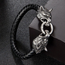 Браслет мужской кожаный WOLFHOUND из кожи и нержавеющей стали с Волками 16-18 см (2058325714)