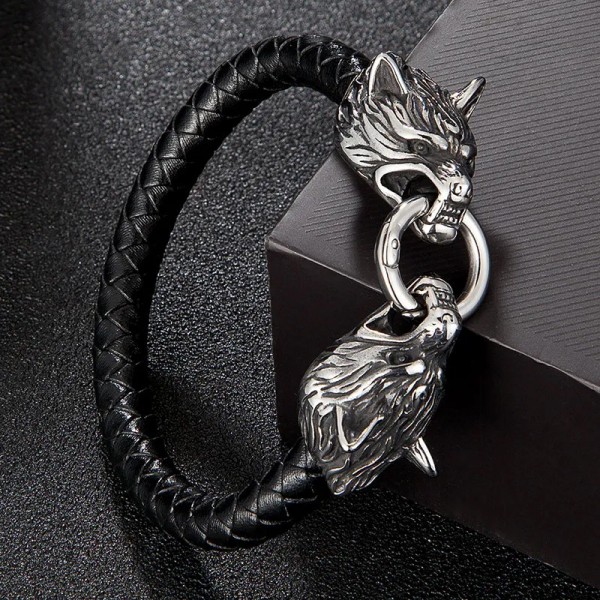 Браслет мужской кожаный WOLFHOUND из кожи и нержавеющей стали с Волками 16-18 см (2058325714)