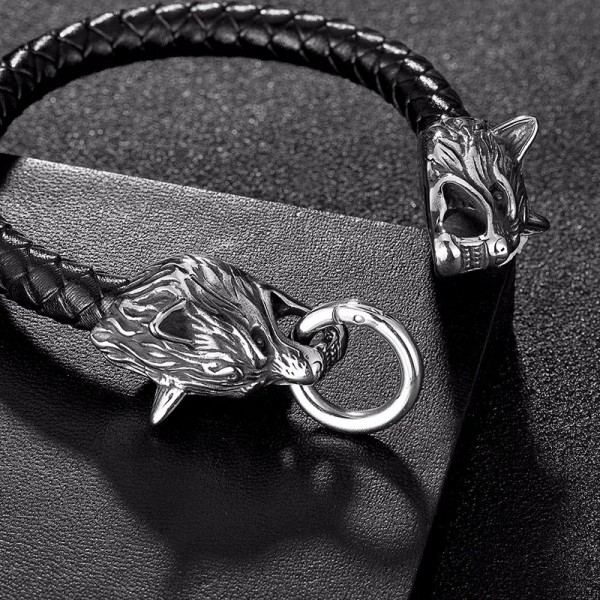 Браслет мужской кожаный WOLFHOUND из кожи и нержавеющей стали с Волками 16-18 см (2058325714)
