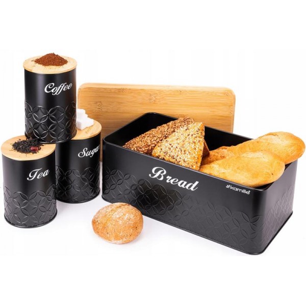 Хлібниця Kamille Black&Wood 36х22х20см з дерев'яною кришкою + 3 ємності для зберігання, чорні (109625)