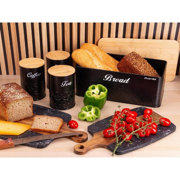 Хлібниця Kamille Black&Wood 36х22х20см з дерев'яною кришкою + 3 ємності для зберігання, чорні (109625) Хлібниця Kamille Black&Wood 36х22х20см з дерев'яною кришкою + 3 ємності для зберігання, чорні (109625)