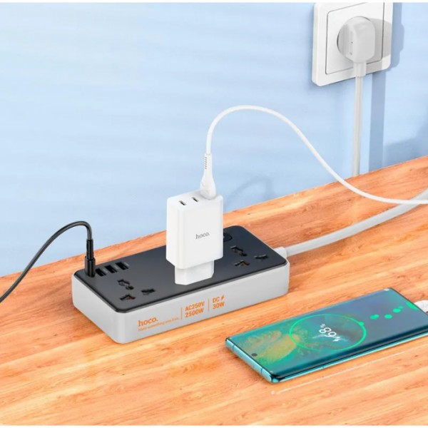 Сетевое зарядное устройство удлинитель HOCO AC8A 3 USB/ Type-C 3 розетки 1,5m PD/QC, 3A/30W (134035)