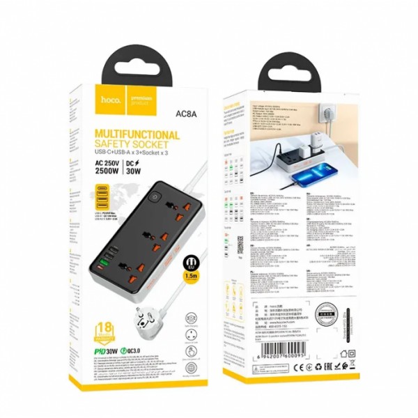 Сетевое зарядное устройство удлинитель HOCO AC8A 3 USB/ Type-C 3 розетки 1,5m PD/QC, 3A/30W (134035)
