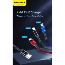 Кабель для зарядки телефонов AWEI CL 971 3 в 1 USB to Type-C+Lightning+MicroUSB 2,4A (51045)