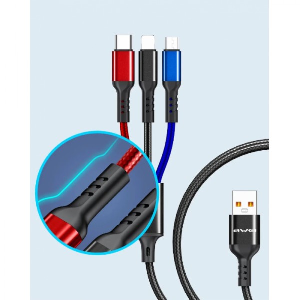 Кабель для зарядки телефонов AWEI CL 971 3 в 1 USB to Type-C+Lightning+MicroUSB 2,4A (51045) Кабель для зарядки телефонов AWEI CL 971 3 в 1 USB to Type-C+Lightning+MicroUSB 2,4A (51045)