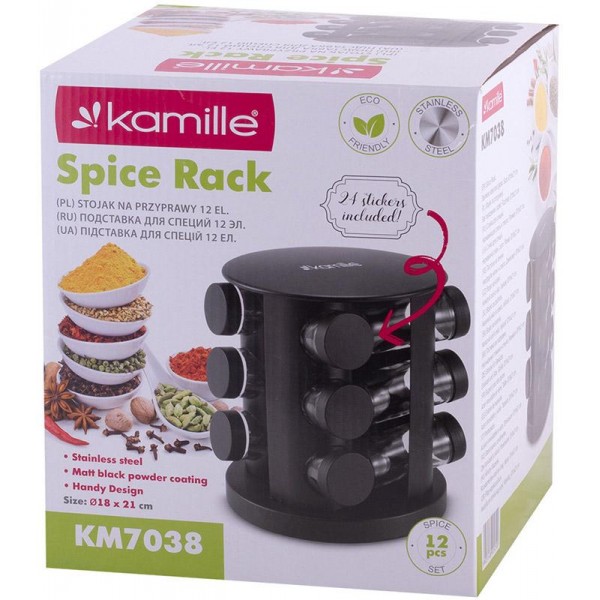 Набір ємностей для спецій Kamille Spice Rak Black 12 спецовників на круглій підставці (111645)