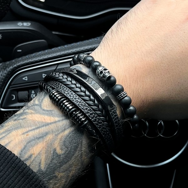 Браслет мужской кожаный METAL COLOR: BORN черный плетеный 17-19 см (2598120515)
