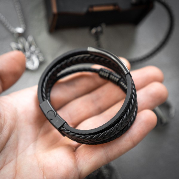 Браслет мужской кожаный METAL COLOR: BORN черный плетеный 17-19 см (2598120515)