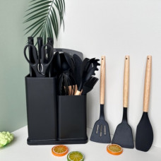 Силиконовый кухонный набор принадлежностей с деревянной ручкой Kitchenware Set 19 предметов Чёрный со (108206)
