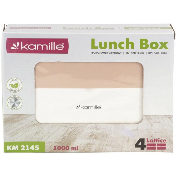 Ланч-бокс Kamille Snack 1000мл на 4 секції, пластик і нержавіюча сталь, рожевий (114276)