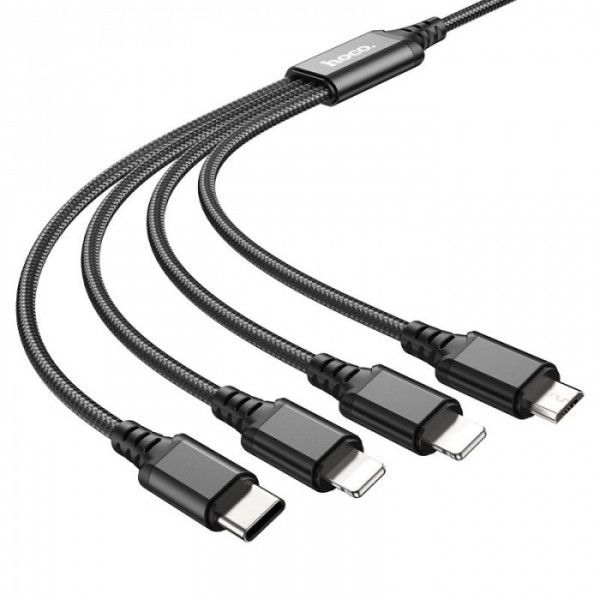 Кабель для зарядки телефонов HOCO X76 4 в 1 USB to Type-C+Lightning+Lightning+MicroUSB 2A Чёрный (76096) Кабель для зарядки телефонов HOCO X76 4 в 1 USB to Type-C+Lightning+Lightning+MicroUSB 2A Чёрный (76096)