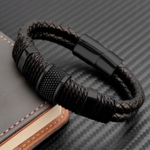 Браслет мужской кожаный AVALON ALL BLACK черный плетеный 17-19 см (2123190635)