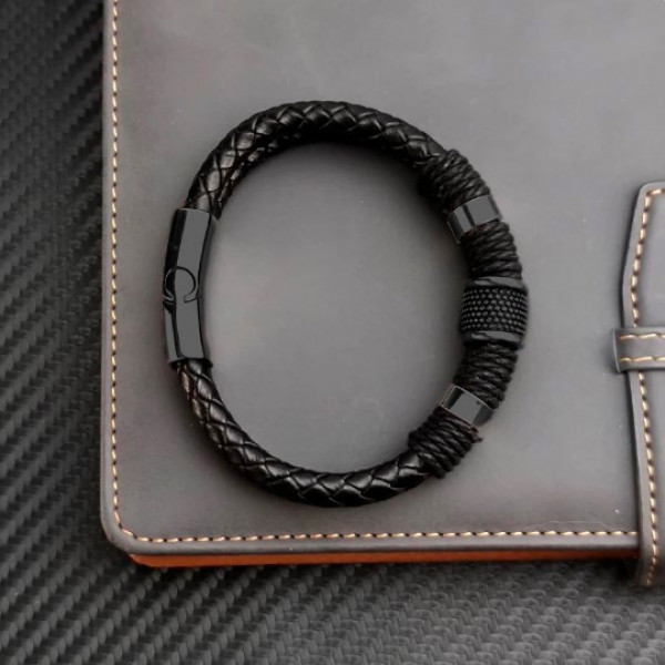 Браслет мужской кожаный AVALON ALL BLACK черный плетеный 17-19 см (2123190635)