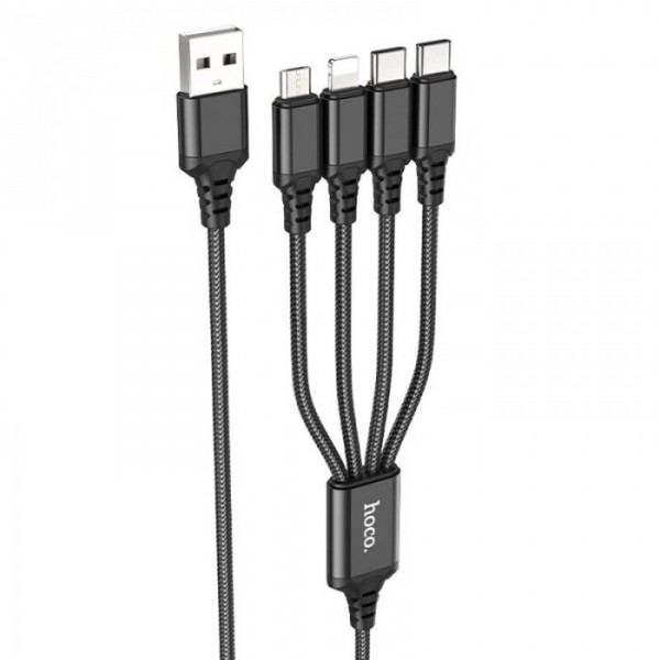 Кабель для зарядки телефонов HOCO X76 4 в 1 USB to Type-C+Type-C+Lightning+MicroUSB 2A Чёрный (51347) Кабель для зарядки телефонов HOCO X76 4 в 1 USB to Type-C+Type-C+Lightning+MicroUSB 2A Чёрный (51347)