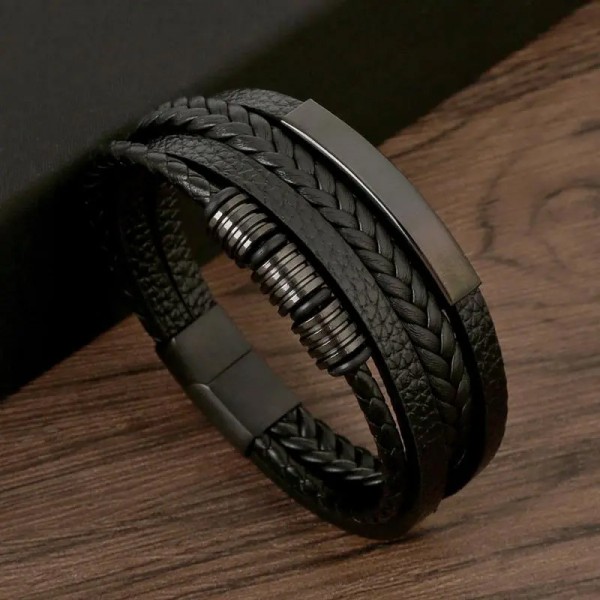 Браслет мужской кожаный METAL COLOR: A3 черный плетеный 15-17 см (2052321795)