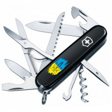 Нож Victorinox Huntsman Ukraine 91 мм Чорний Тризуб фігурний на тлі прапора (1.3713.3_T1026u)