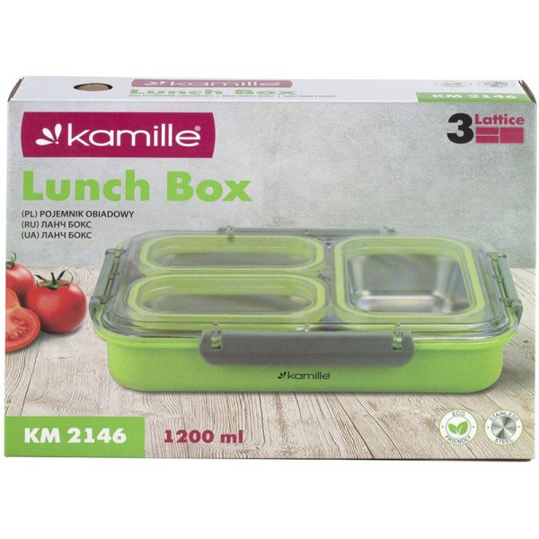 Ланч-бокс Kamille Snack 1200мл на 3 секції, пластик і нержавіюча сталь, зелений (114278) Ланч-бокс Kamille Snack 1200мл на 3 секції, пластик і нержавіюча сталь, зелений (114278)