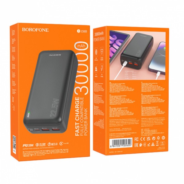 Внешний аккумулятор Power bank BOROFONE B38B 30000mAh PD22,5W+быстрая зарядка батарея зарядка Черный (108498) Внешний аккумулятор Power bank BOROFONE B38B 30000mAh PD22,5W+быстрая зарядка батарея зарядка Черный (108498)