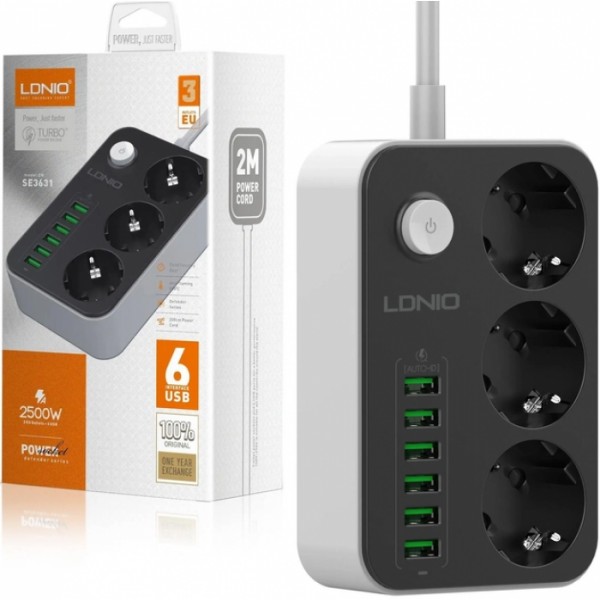 Сетевой фильтр удлинитель 3 розетки с 6 USB 2м с защитой с заземлением LDNIO SE3631 2500W 10A (42029)