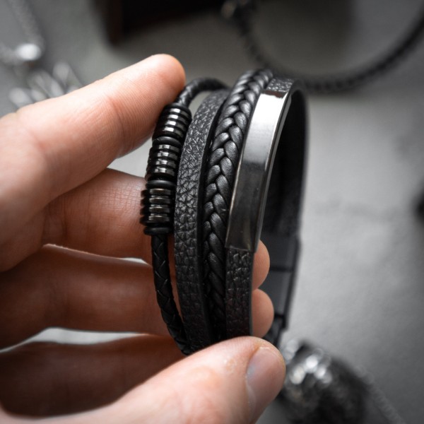 Браслет мужской кожаный METAL COLOR: A3 черный плетеный 19-21 см (2094248132) Браслет мужской кожаный METAL COLOR: A3 черный плетеный 19-21 см (2094248132)