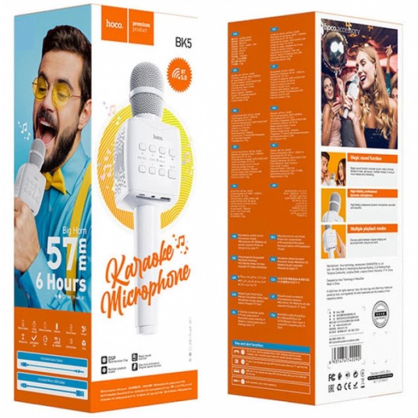 Микрофон с караоке, Bluetooth, AUX, 1200 мАч, HOCO BK5 Cantando, Белый (133849)